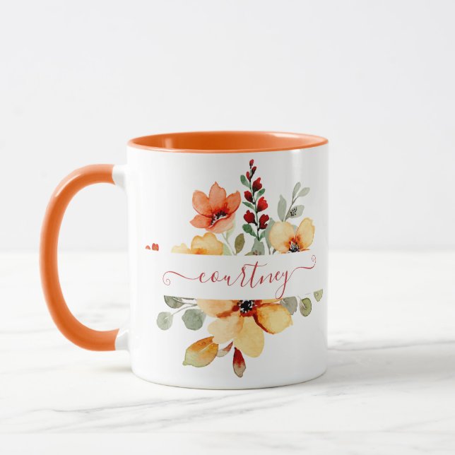 Bright orange watercolor floral personalized mug (Left)