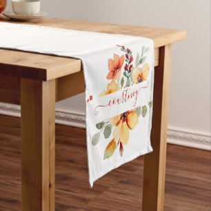 Bright orange watercolor floral personalized short table runner