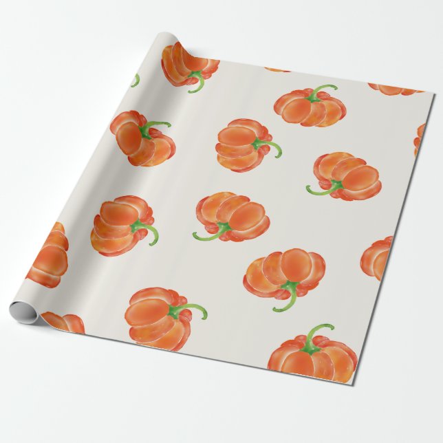 Bright Orange Watercolor Pumpkin Pattern Wrapping Paper (Unrolled)