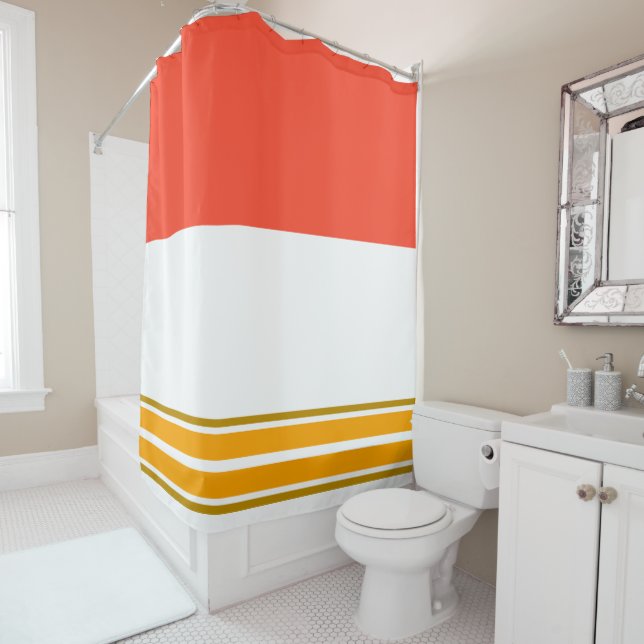 Bright Orange Wide Top Yellow Bottom Edge Stripes Shower Curtain (In Situ)