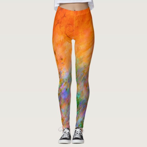 Bright Orange with Green Blue and Purple Painted Leggings