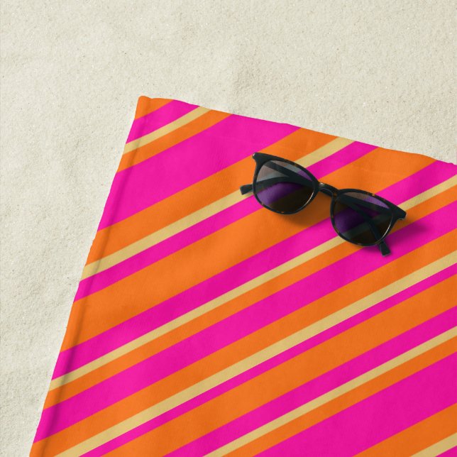 Bright Orange Yellow and Hot Pink Striped Pattern Beach Towel (In Situ)