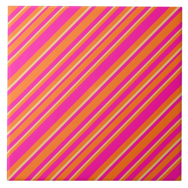 Bright Orange Yellow and Pink Striped Pattern Tile (Front)