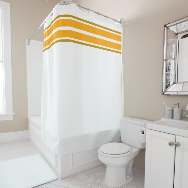 Bright Orange Yellow Top Racing Stripes On White Shower Curtain (In Situ)