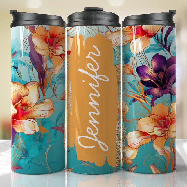 Bright Orchid Floral Add Name Custom Gift Thermal Tumbler (Floral Personalized Tumbler)