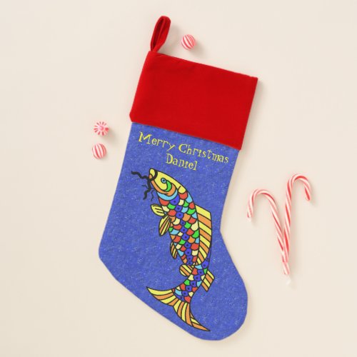 Bright ornate Abstract Fancy Colorful Fish Christmas Stocking