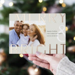 Bright Overlay | Modern Photo Foil Holiday Card<br><div class="desc">A modern holiday card featuring a horizontal or landscape-oriented photo with "Merry & Bright" overlaid in oversized rose gold foil lettering. Personalize with your custom holiday greeting,  family name,  and the year. A chic and modern minimalist choice for your Christmas greetings.</div>