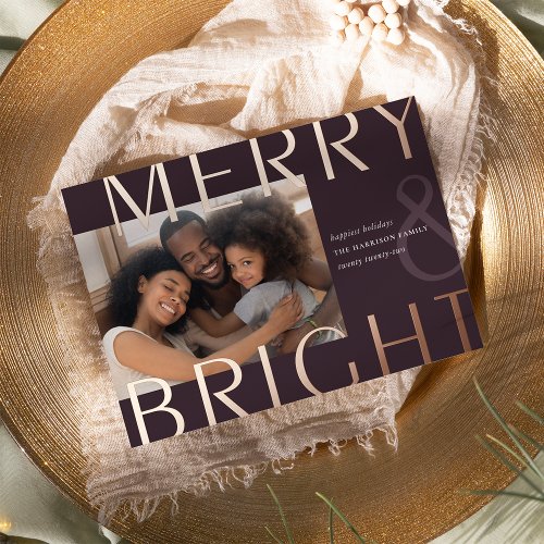 Bright Overlay  Modern Photo Rose Gold Foil Holiday Card