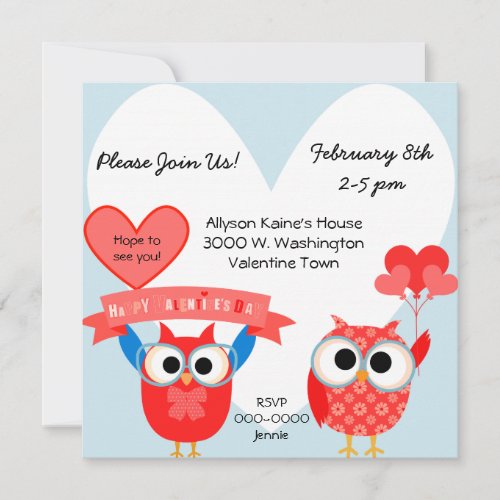 Bright Owls Valentines Day Party Invitation