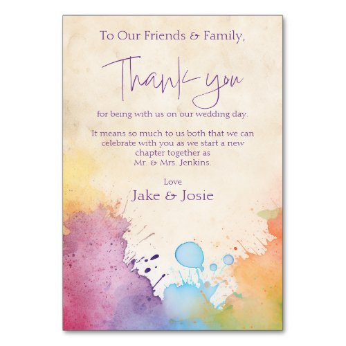 Bright paint splashes Wedding Table thank you card