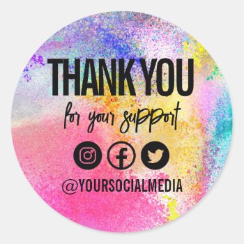 Bright Paint Splatter Trendy Thank You Media  Clas Classic Round Sticker by TwoTravelledTeens at Zazzle