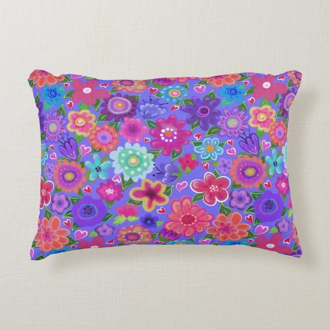 Bright Painted Boho Floral on Periwinkle Blue Accent Pillow (Front)