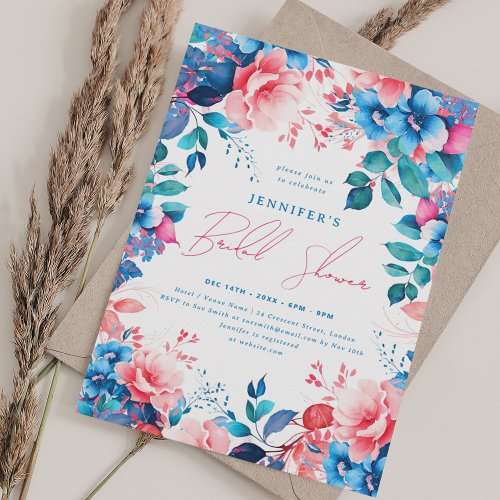 Bright Painted Floral Bridal Shower Blue Pink Invitation