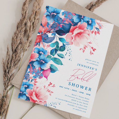 Bright Painted Floral Bridal Shower Blue Pink  Invitation