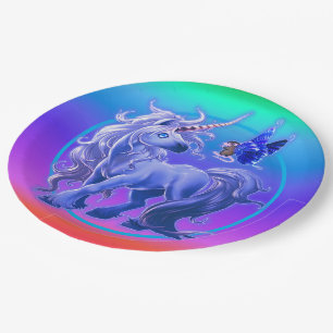 Bright Pastel Rainbow Blue Unicorn Paper Plates