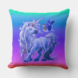 Bright Pastel Rainbow Blue Unicorn Throw Pillow