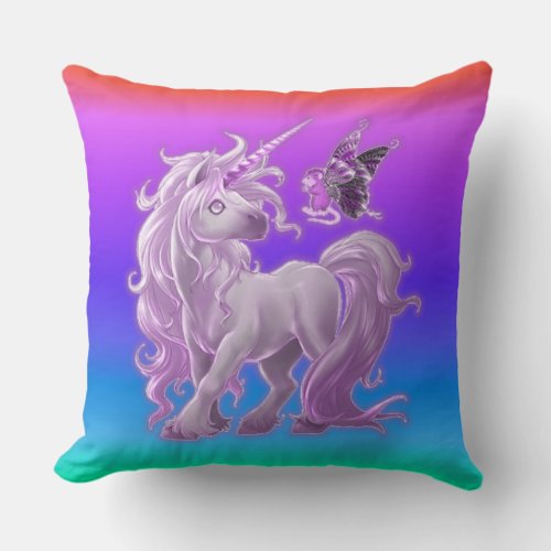 Bright Pastel Rainbow Pink Unicorn Throw Pillow