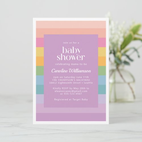 Bright Pastel Stripe Rainbow Purple Baby Shower Invitation