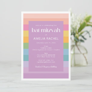 Bright Pastel Stripe Rainbow Purple Bat Mitzvah Invitation