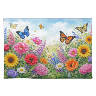 Bright Pastel Summer Butterfly Flower Garden Cloth Placemat