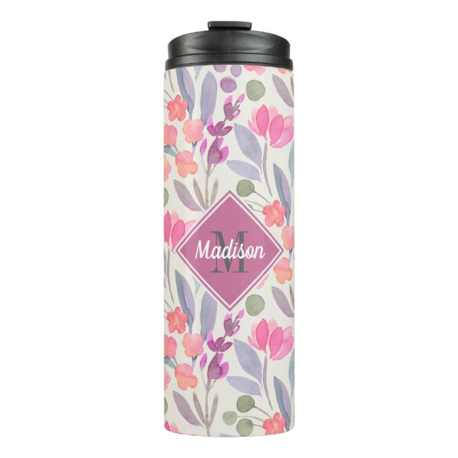 Bright Pastels Floral Pattern with Monogram Thermal Tumbler (Front)