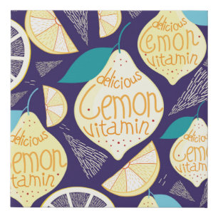 Bright pattern of lemons and cloves on a dark blue faux canvas print