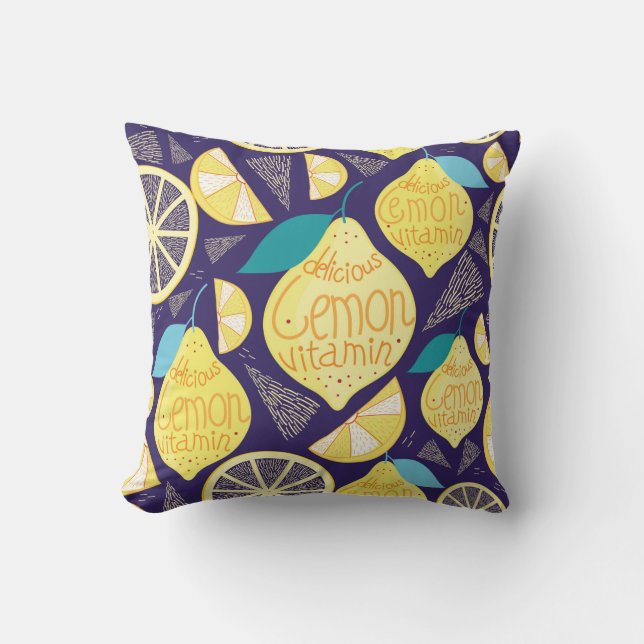 Bright pattern of lemons and cloves on a dark blue throw pillow (Front)