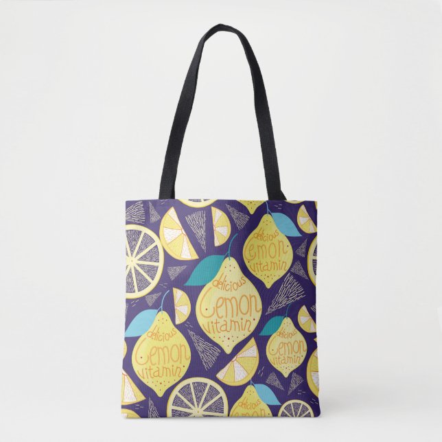 Bright pattern of lemons and cloves on a dark blue tote bag (Front)