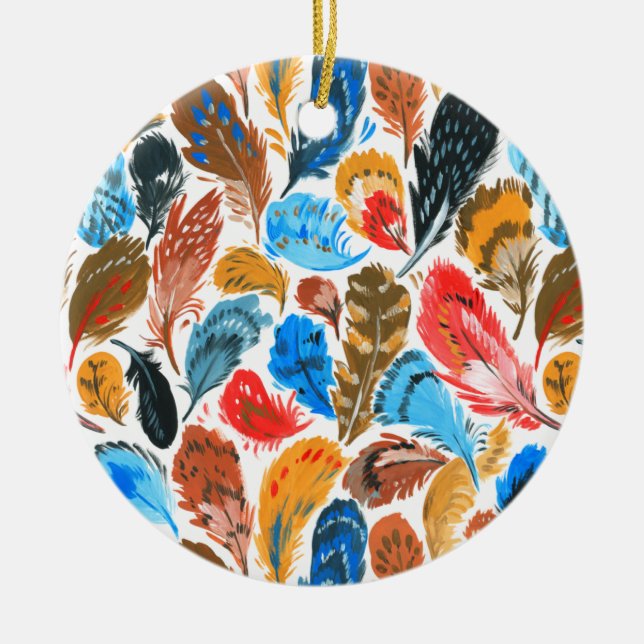 Bright pattern with bird feathers ceramic ornament (Front)