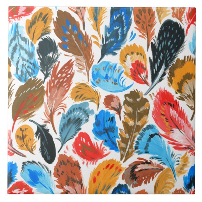 Bright pattern with bird feathers ceramic tile (Front)
