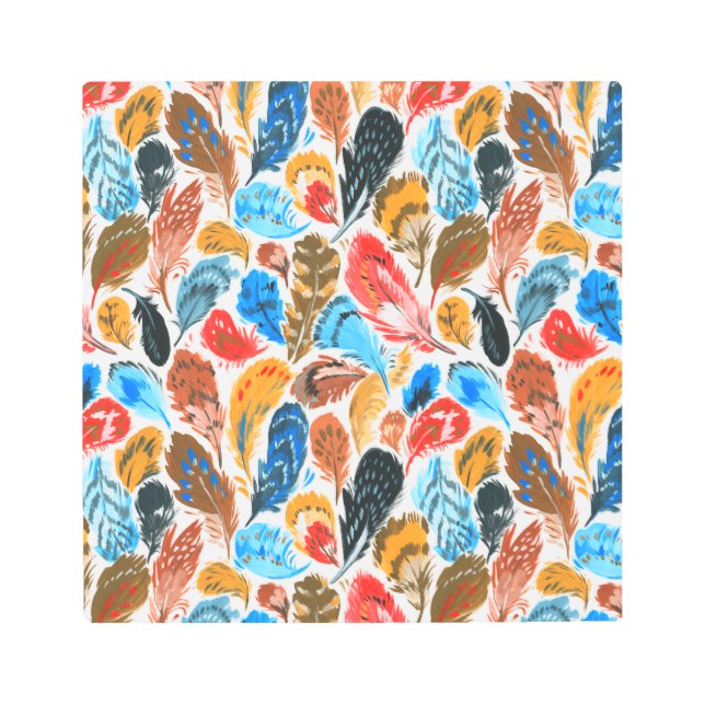 Bright pattern with bird feathers metal print (Front)