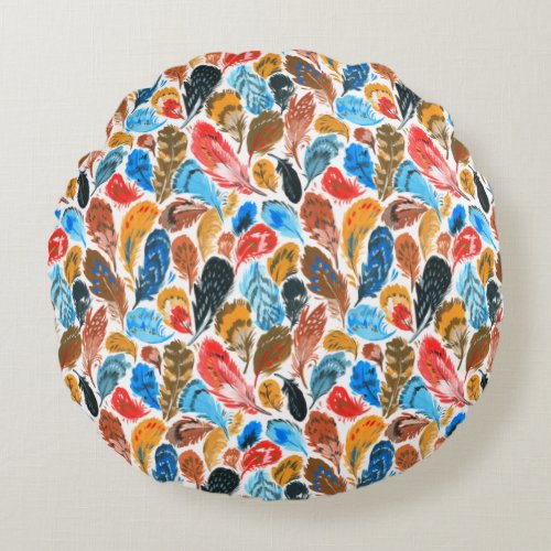 Bright pattern with bird feathers round pillow