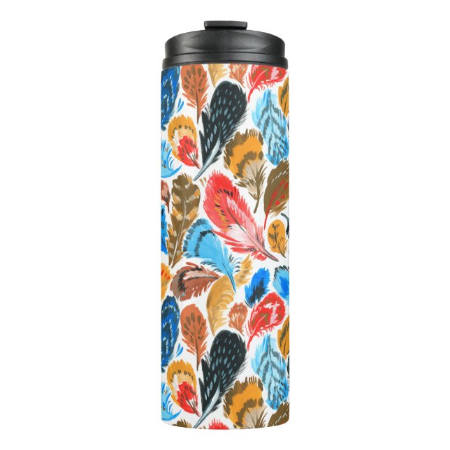 Bright pattern with bird feathers thermal tumbler (Front)