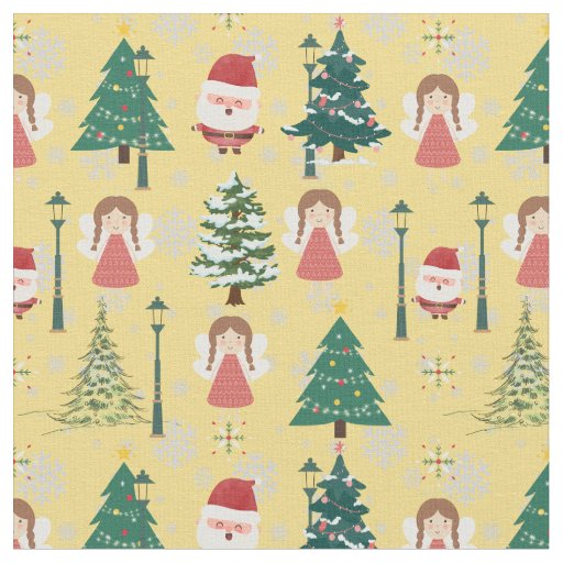 Bright pattern Xmas trees and santa red yellow  Fabric