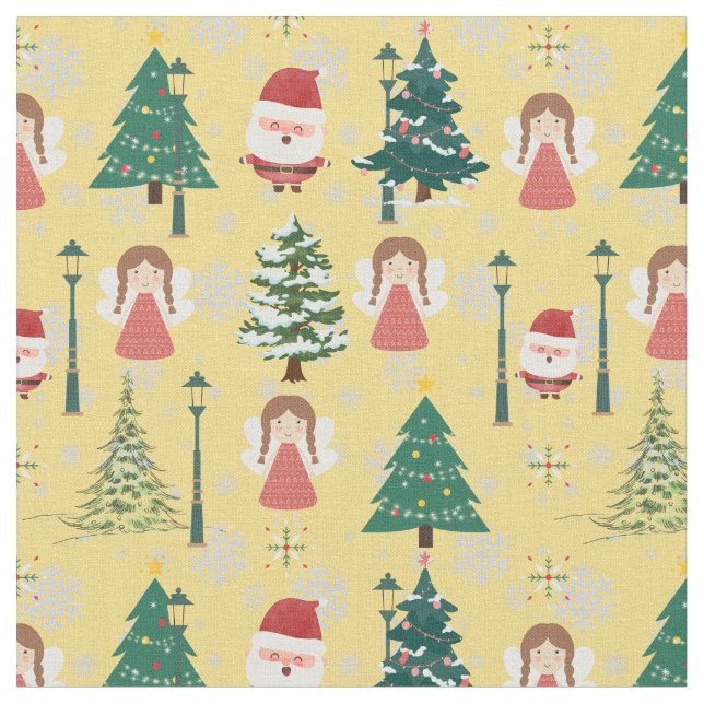 Bright pattern Xmas trees and santa red yellow  Fabric (Close Up)
