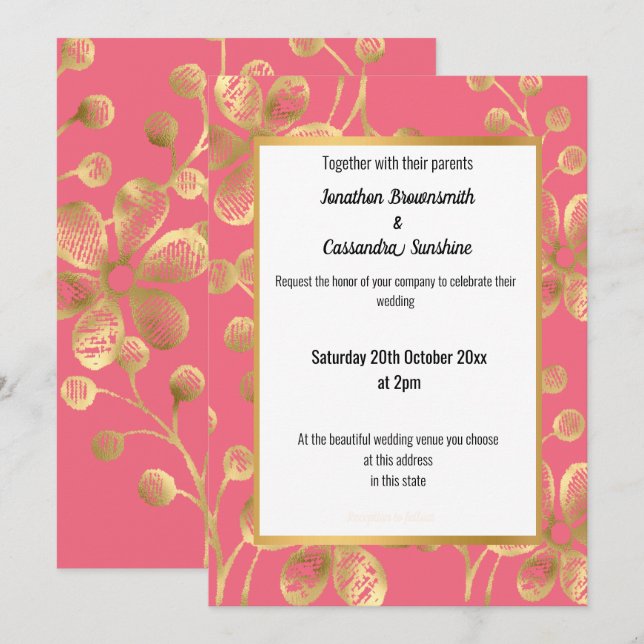BRIGHT PEACH AND GOLD FLORAL WEDDING INVITATION (Front/Back)
