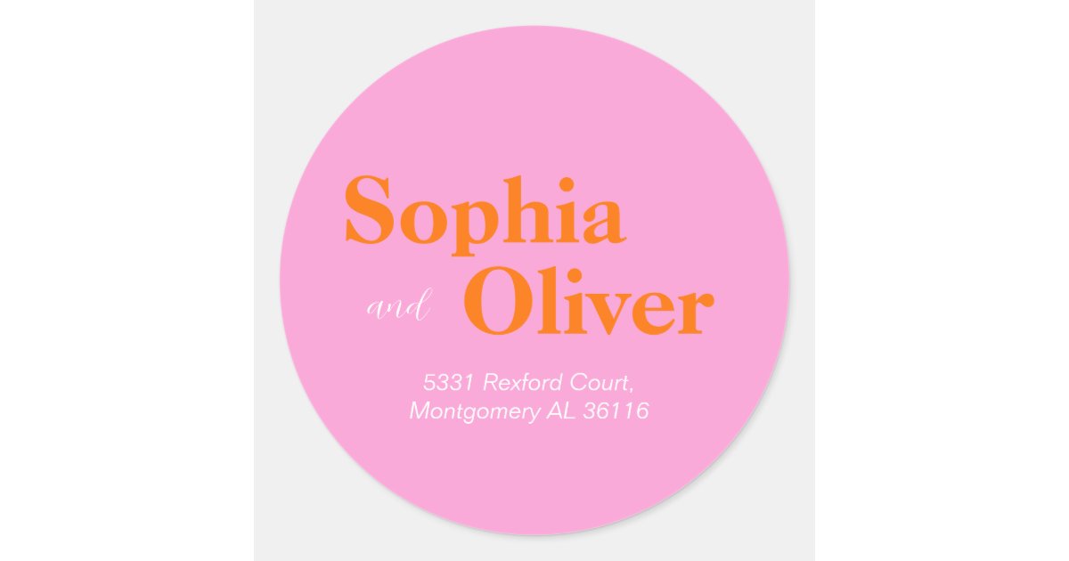 Pink Return Sign Bright peach & pink colorful return address classic round sticker | Zazzle