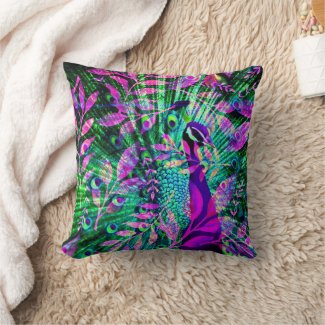 Bright Peacock and Leaves  Throw Pillow