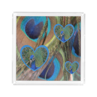 Bright Peacock Feathers with Hearts Square Tray