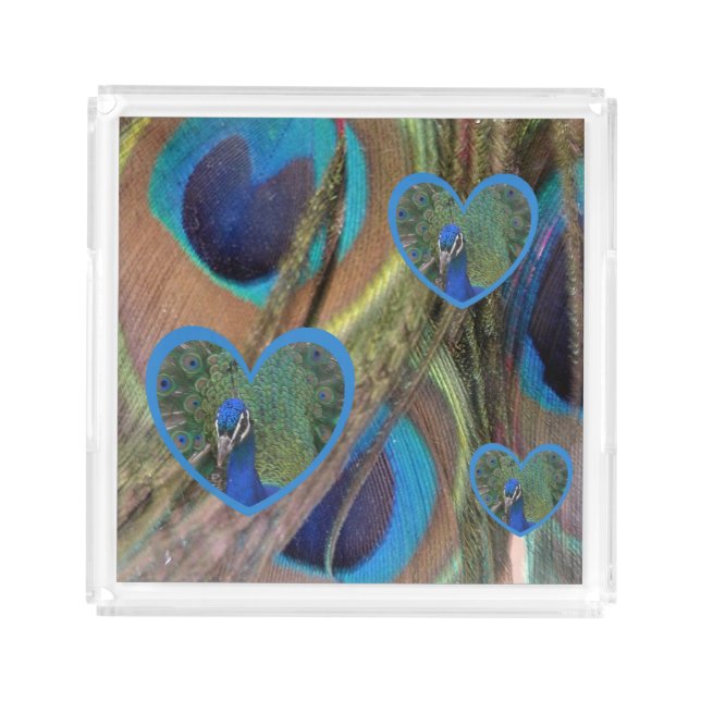 Bright Peacock Feathers with Hearts Square Tray (Front)