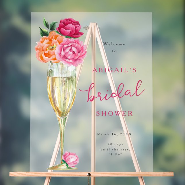 Bright Peony Champagne Glass Bridal Shower Frosted Acrylic Sign (Neutral)