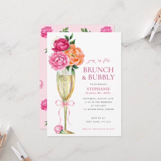 Bright Peony w/QR Code on Back, Brunch and Bubbly  Invitation (Front/Back In Situ)