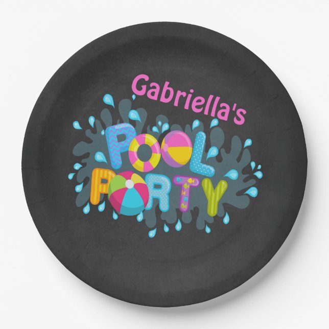 Bright  Personalized Pool Party Paper Plates (Front)