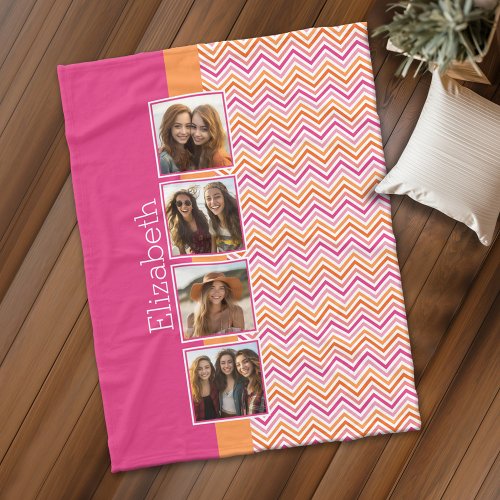 Bright Photo Collage Hot Pink Orange Chevrons Fleece Blanket