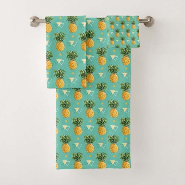 Bright Pineapples On Geometric Pattern Bath Towel Set (Insitu)