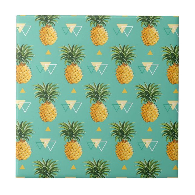 Bright Pineapples On Geometric Pattern Ceramic Tile (Front)