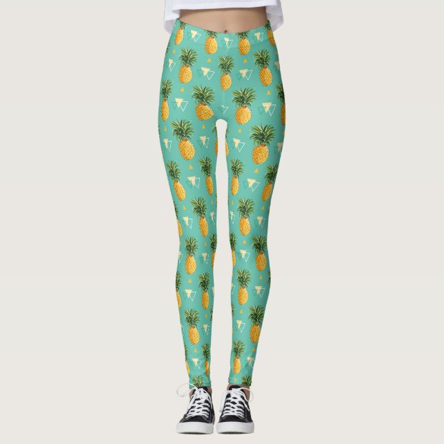 Bright Pineapples On Geometric Pattern Leggings (Front)