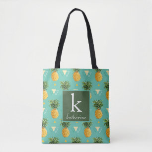 Bright Pineapples On Geometric Pattern Monogram Tote Bag