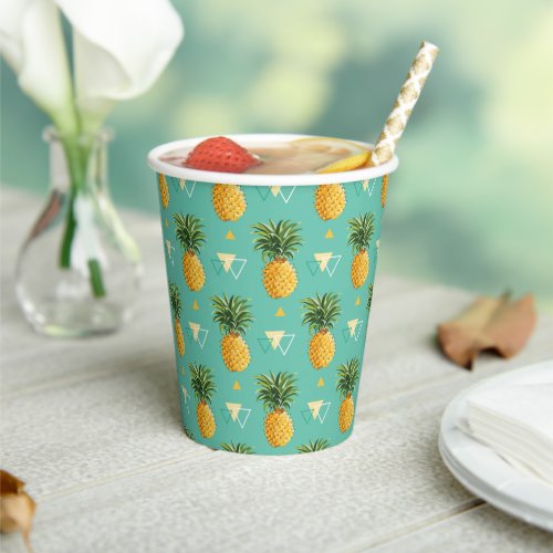 Bright Pineapples On Geometric Pattern Paper Cups