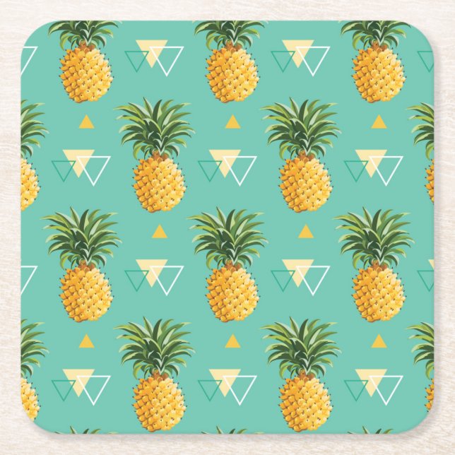 Bright Pineapples On Geometric Pattern Square Paper Coaster (Front)